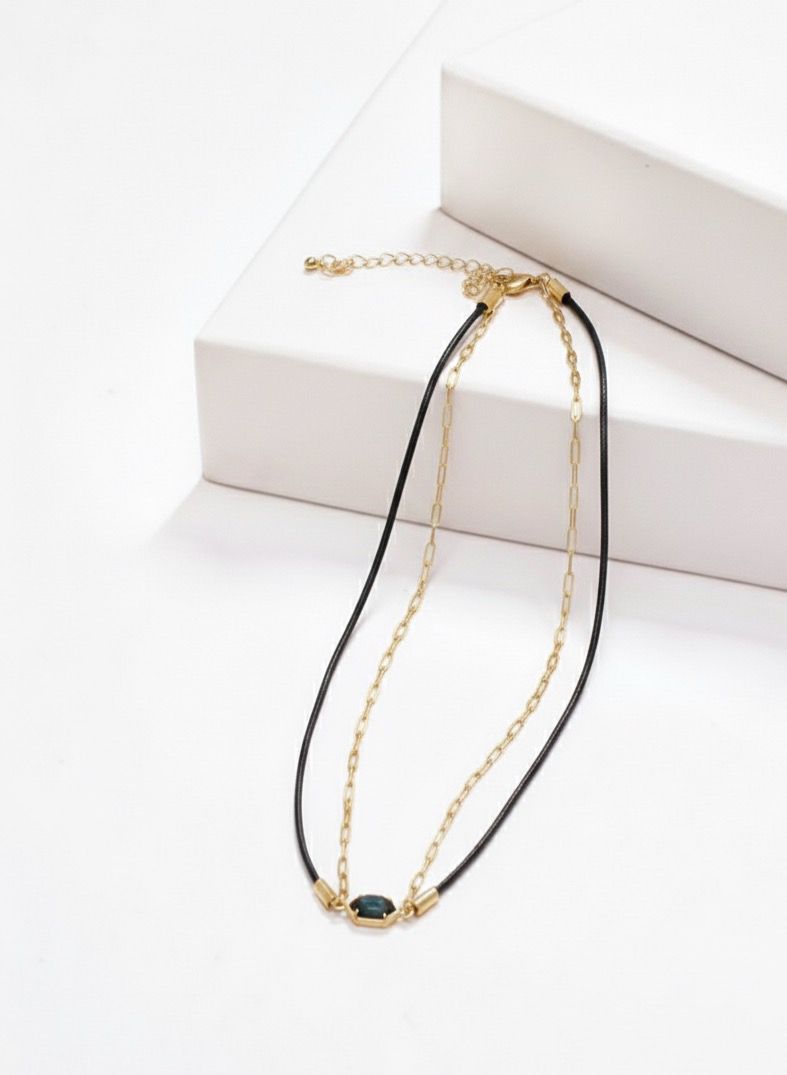 ASN Black Gem Leather Chain Necklace – Gold