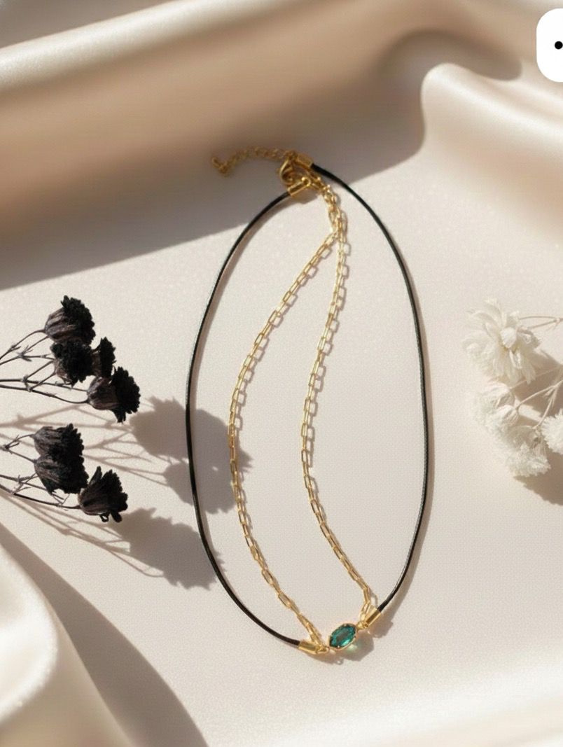 ASN Black Gem Leather Chain Necklace – Gold