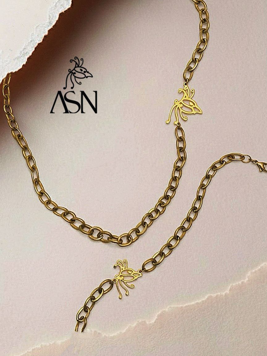 ASN Gold Butterfly Curb Chain Necklace & Bracelet